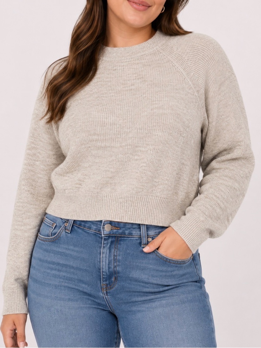 Free People Neutral Oatmeal Beige Cream Knit Women's crewneck Sweater SZ LG